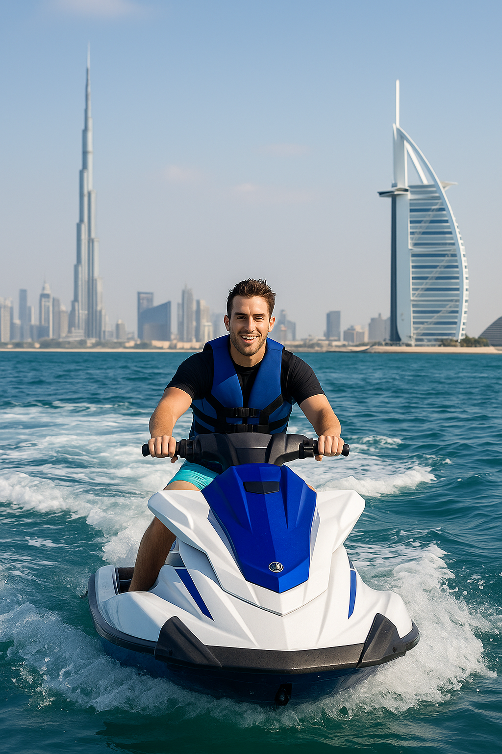 Jet skis riding along Dubai’s coastline with city skyline views
