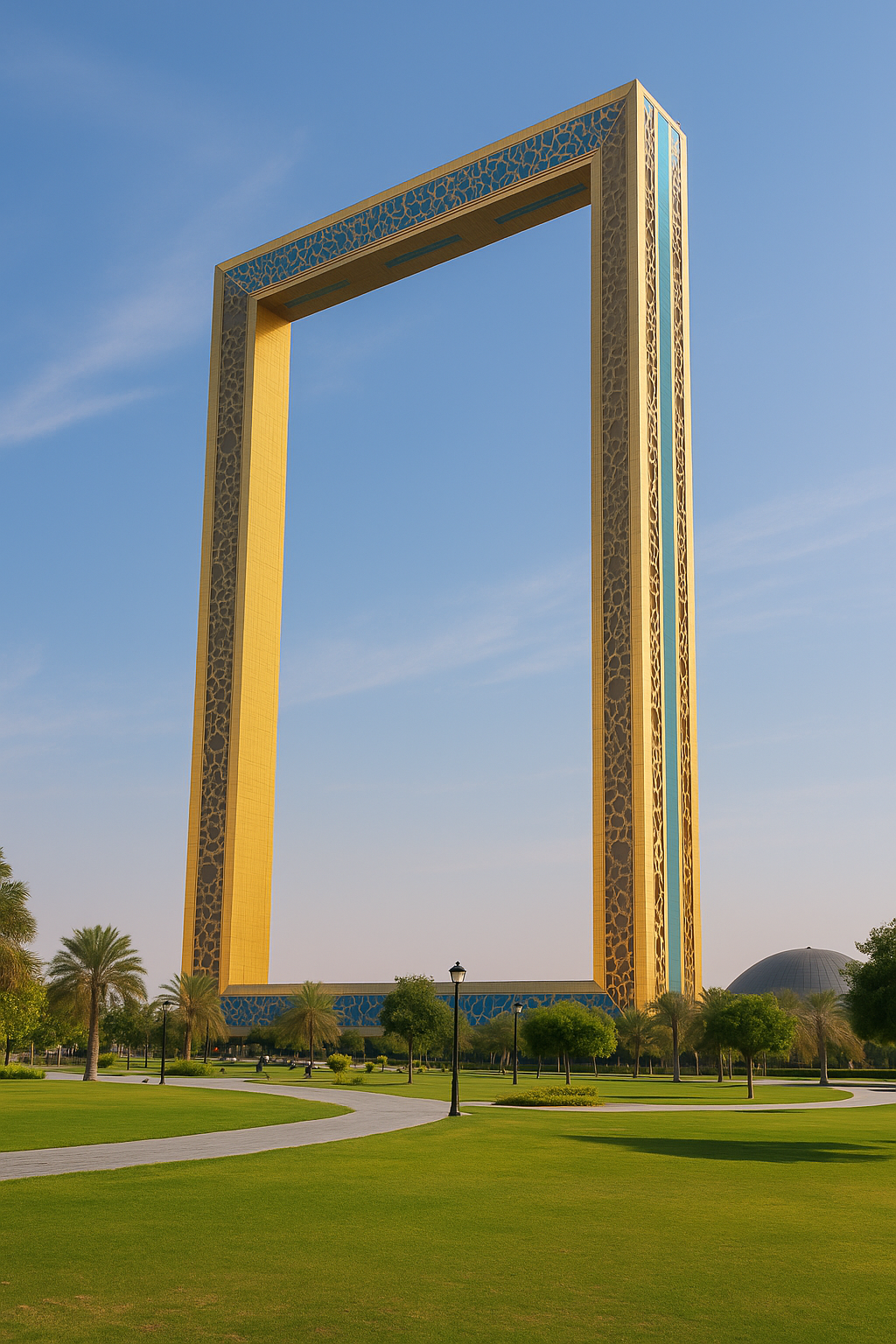 Golden Dubai Frame with skybridge and blue sky background