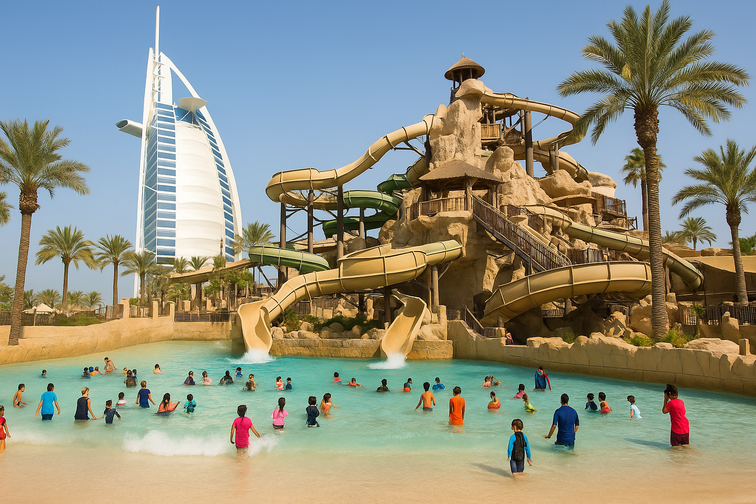 Wild Wadi Waterpark aerial view with slides near Burj Al Arab