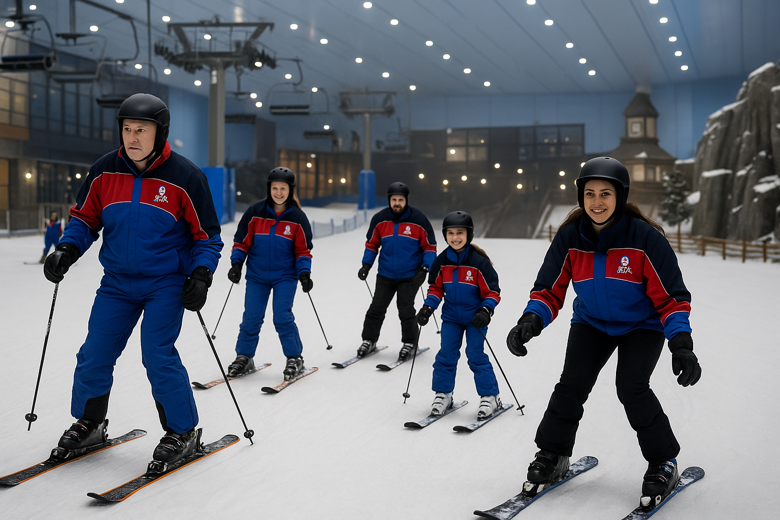 Indoor ski slope with chairlift and skiers at Ski Dubai